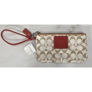 Y2K Coach Signature Satin Wristlet Large Cream Tan Red Corner Zip Clutch BNWT